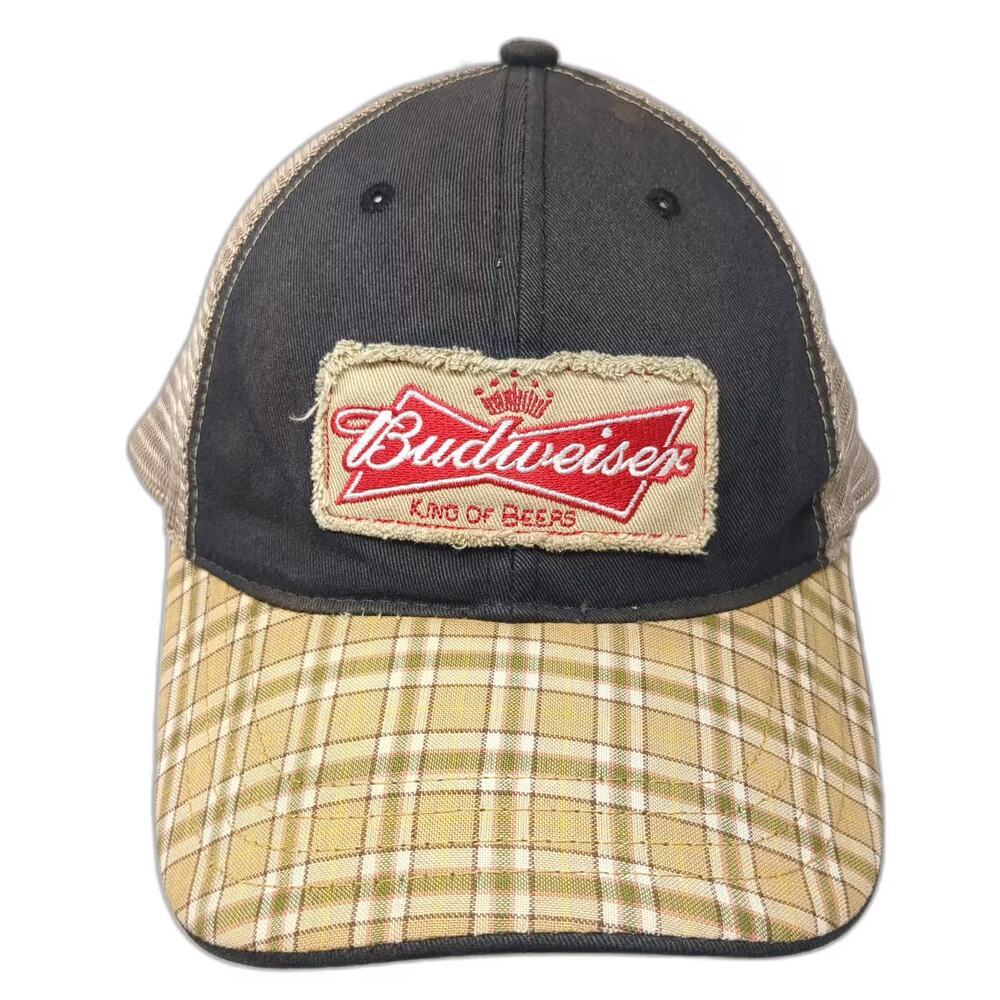 K-Products Budweiser Baseball Cap Black Beige One Size Strapback Mesh Plaid Hat
